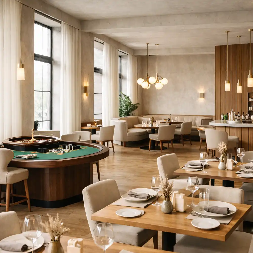 Elegancka strefa kasyno w jasnym wnętrzu restauracji
