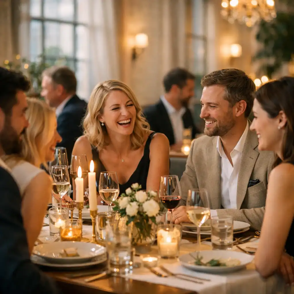 Goście przy eleganckiej kolacji w loftowej restauracji
