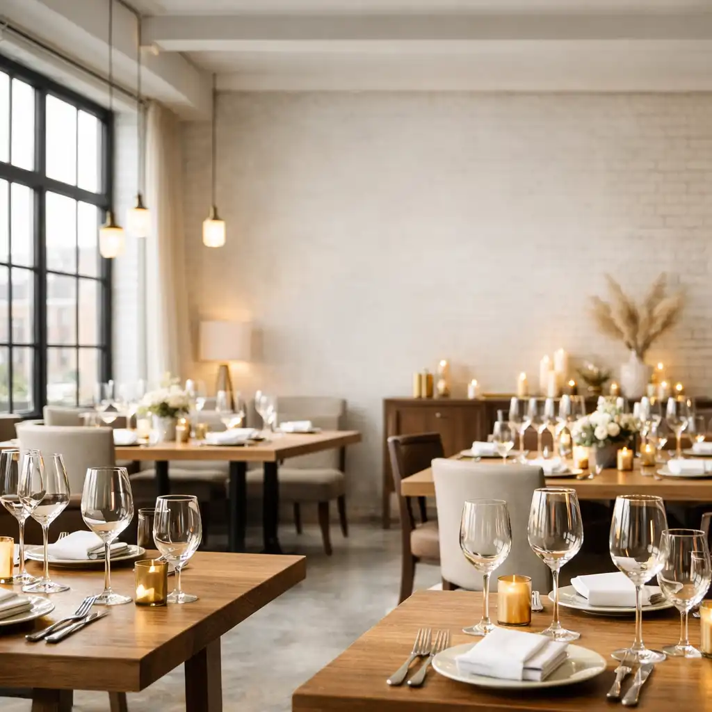 Jasne loftowe wnętrze restauracji przygotowane na eleganckie wydarzenie