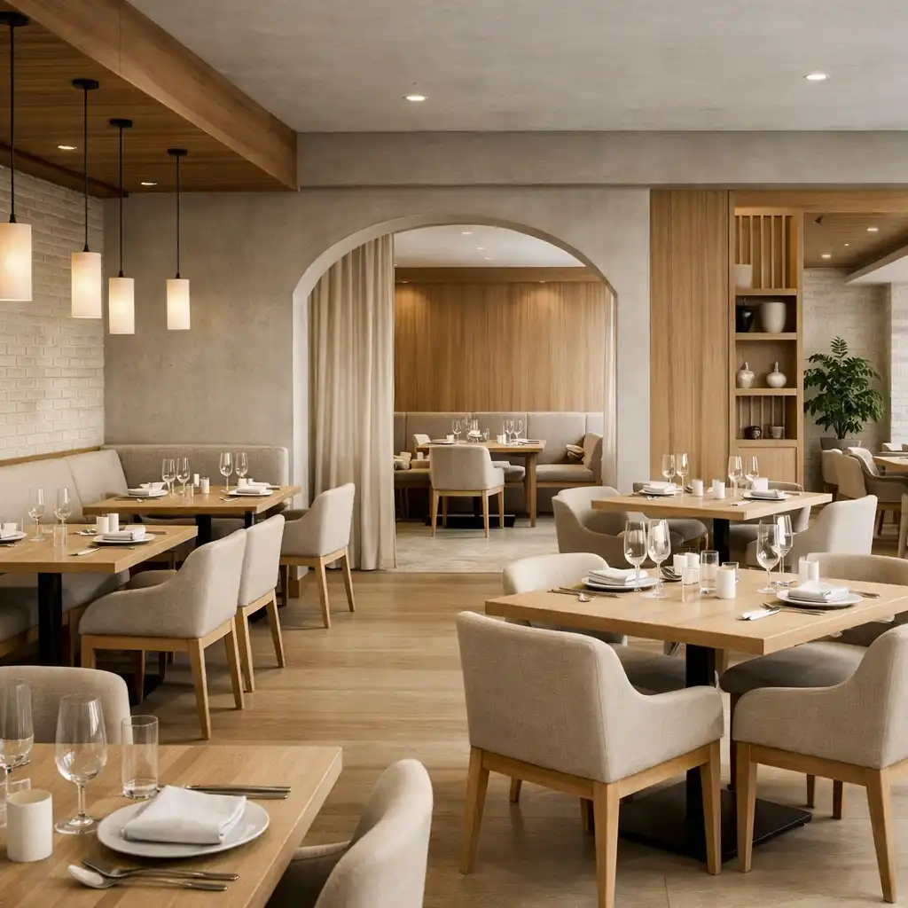 Przestrzeń restauracji z wydzielonymi strefami